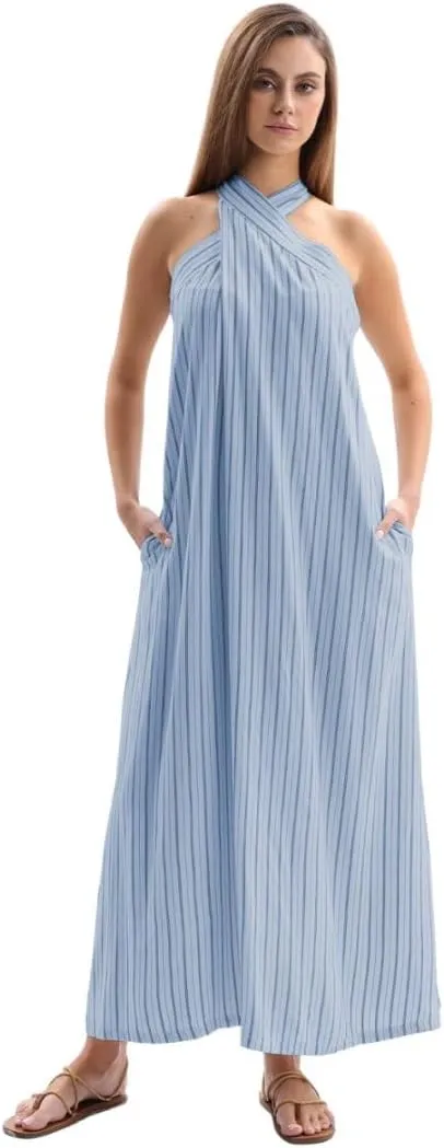 Women's Linen Striped Halter Sleeveless Maxi Dresses