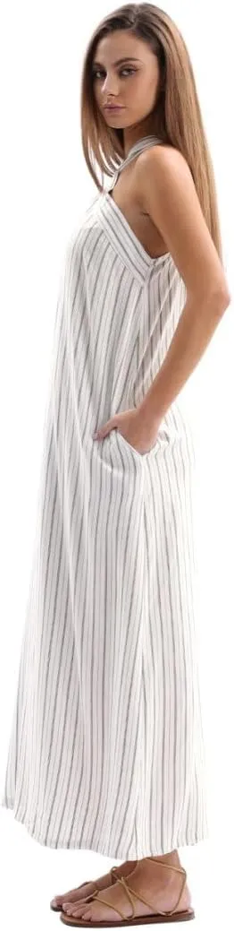 Women's Linen Striped Halter Sleeveless Maxi Dresses