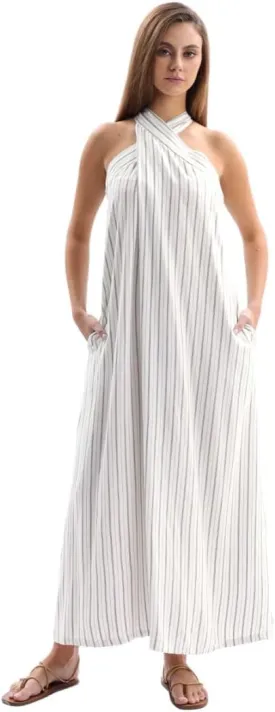 Women's Linen Striped Halter Sleeveless Maxi Dresses